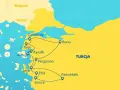 Mapa turystyczna pokazuje trasę po zachodniej Turcji, wzdłuż Morza Egejskiego. Odwiedzane miejsca to m.in. Troja, Pergamon, Efez, Pamukkale.