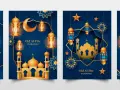 Ilustracje z motywami Id al-Fitr: złote latarnie, meczety, księżyc i Koran na granatowym tle.