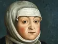 Portret Bony Sforzy w białym nakryciu głowy i ciemnym stroju na granatowym tle.