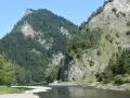 Rzeka Dunajec w Pieninach, otoczona stromymi, zalesionymi górami.
