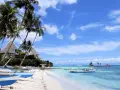 Plaża z palmami, łodziami i turkusową wodą.