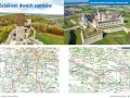 Dwa zamki na tle krajobrazu, z mapą szlaku poniżej.