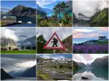 Kolaż zdjęć z Norwegii: góry, fiordy, jeziora, domy, pola, znak trolla i zachód słońca.