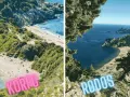 Dwie greckie wyspy: Korfu z piaszczystą plażą i Rodos z zatoką otoczoną wzgórzami.