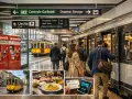 Wsiadanie do metra w Mediolanie, obok żółtego tramwaju. W rogu zdjęcie biletu i pysznego risotto.