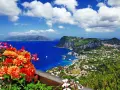 Widok na Capri z kwitnącymi kwiatami w pierwszym planie, błękitnym morzem i zatoką z łodziami.