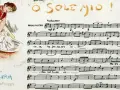 Ilustracja kobiety piorącej przy misce obok nut piosenki "O Sole Mio".
