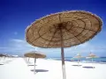 Słomiane parasole na pustej plaży w Tunezji. Marzec zapowiada piękną pogodę i spokojne morze.
