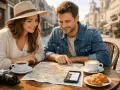 Para planuje weekendowy city break, studiując mapę i telefon przy kawie i croissantach.