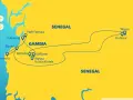 Mapa Gambii i Senegalu z zaznaczonymi atrakcjami turystycznymi i trasami podróży.