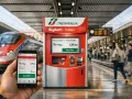 Ręka trzyma smartfon z aplikacją Trenitalia, obok biletomat na peronie. Szybkie pociągi we Włoszech czekają na pasażerów.
