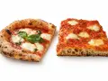 Dwie kromki pizzy: jedna okrągła z bazylią, druga prostokątna. Prawdziwy smak najlepszej pizzy w Rzymie.