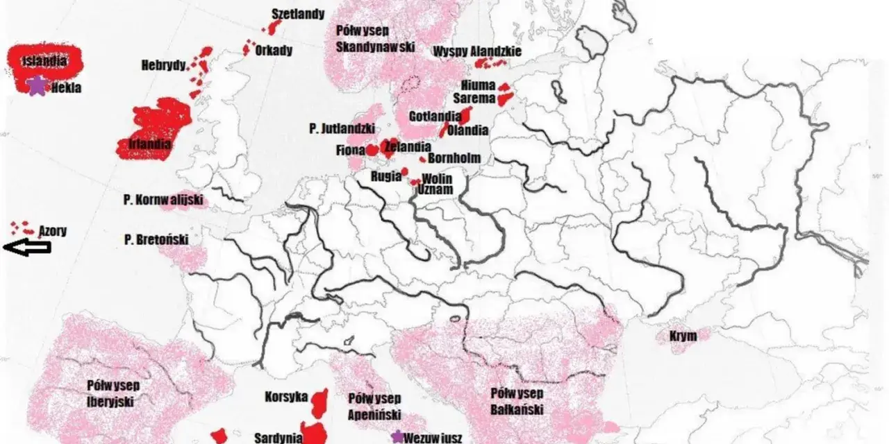 Mapa Europy z zaznaczonymi obszarami aktywnych wulkanów w Europie, m.in. na Islandii, Sycylii i w Grecji.