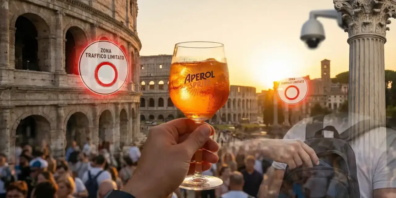 Koloseum, Aperol Spritz, znak ZTL i kamery monitoringu w Rzymie.