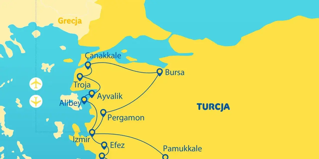 Mapa turystyczna pokazuje trasę po zachodniej Turcji, wzdłuż Morza Egejskiego. Odwiedzane miejsca to m.in. Troja, Pergamon, Efez, Pamukkale.
