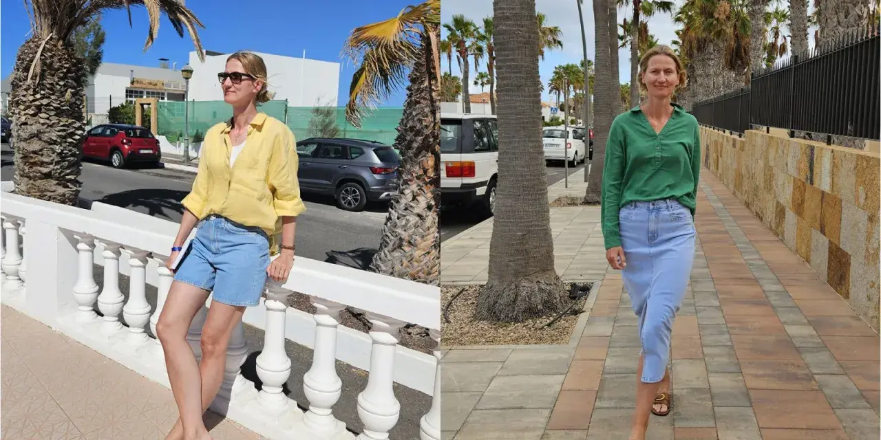 Fuerteventura luty pogoda: dwie kobiety w letnich strojach, jedna w żółtej koszuli i szortach, druga w zielonej bluzce i spódnicy, cieszą się słońcem i palmami.