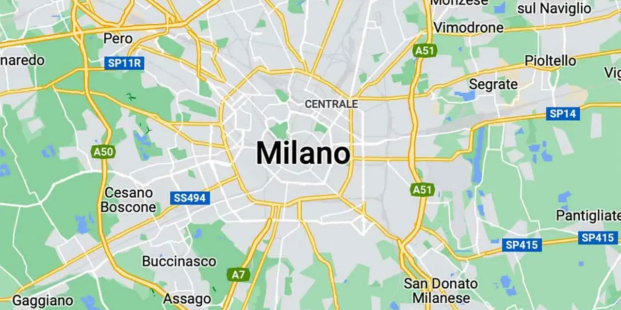Mapa pokazuje, gdzie leży Mediolan, otoczony przez miasta takie jak Rho, Bollate, Sesto San Giovanni i Buccinasco.