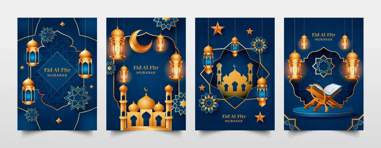 Ilustracje z motywami Id al-Fitr: złote latarnie, meczety, księżyc i Koran na granatowym tle.