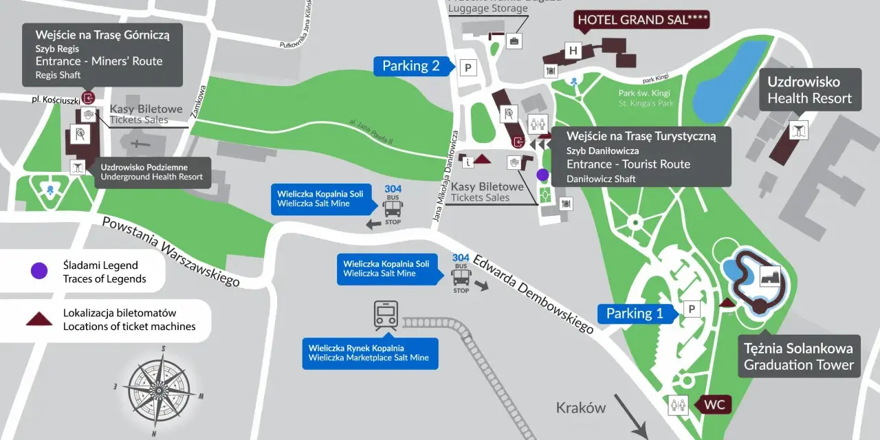 Mapa Wieliczki z zaznaczonymi wejściami do kopalni, parkingami, hotelami i atrakcjami.