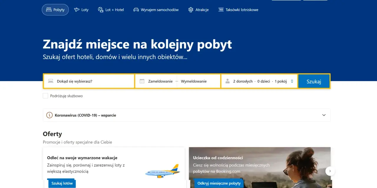 Strona główna Booking.com z polem wyszukiwania noclegów i ofertami podróży.