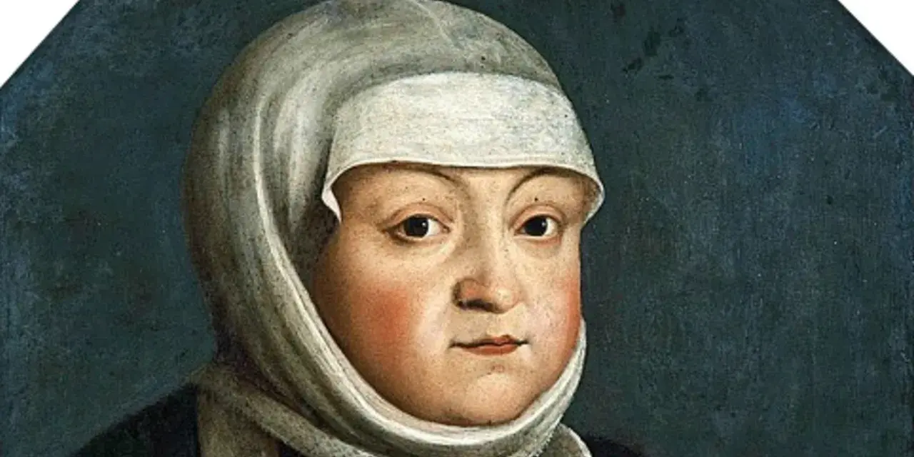 Portret Bony Sforzy w białym nakryciu głowy i ciemnym stroju na granatowym tle.