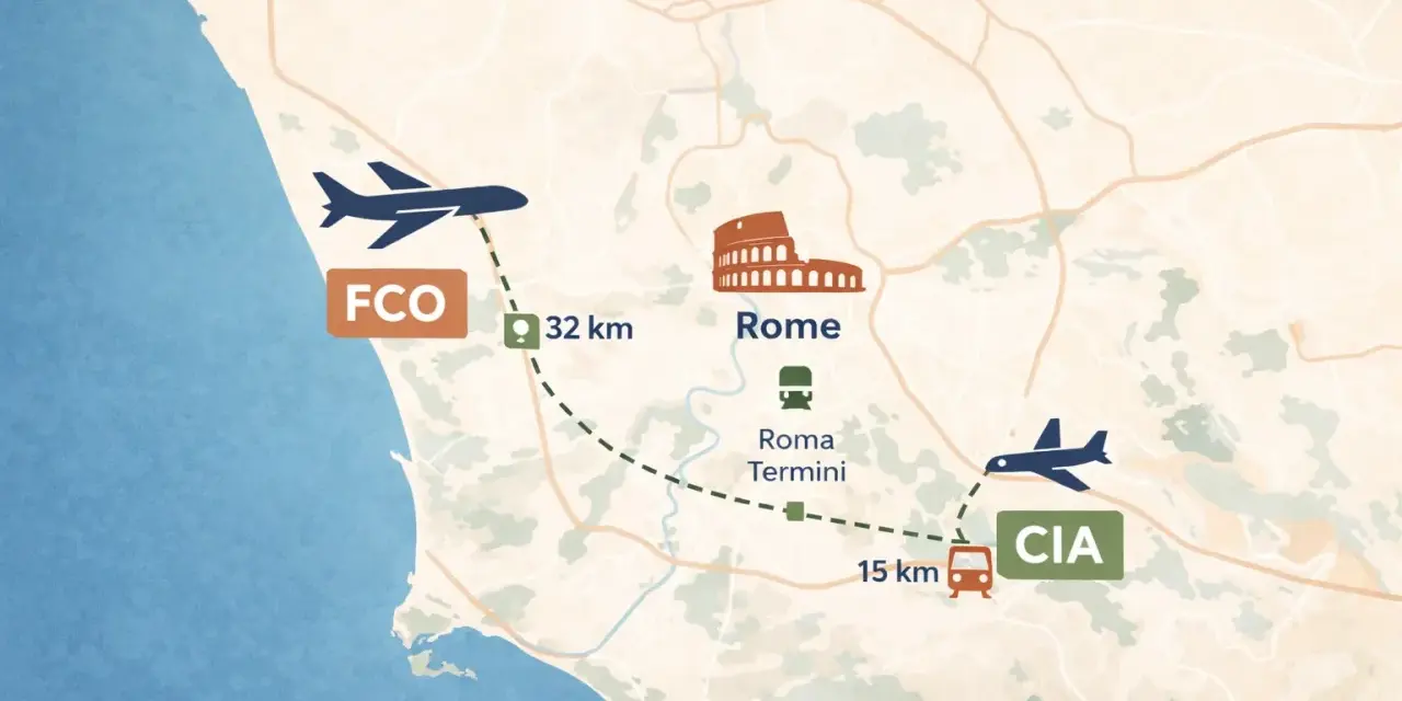 Mapa Rzymu: lotnisko Fiumicino (FCO) 32 km od centrum, lotnisko Ciampino (CIA) 15 km od dworca Roma Termini.