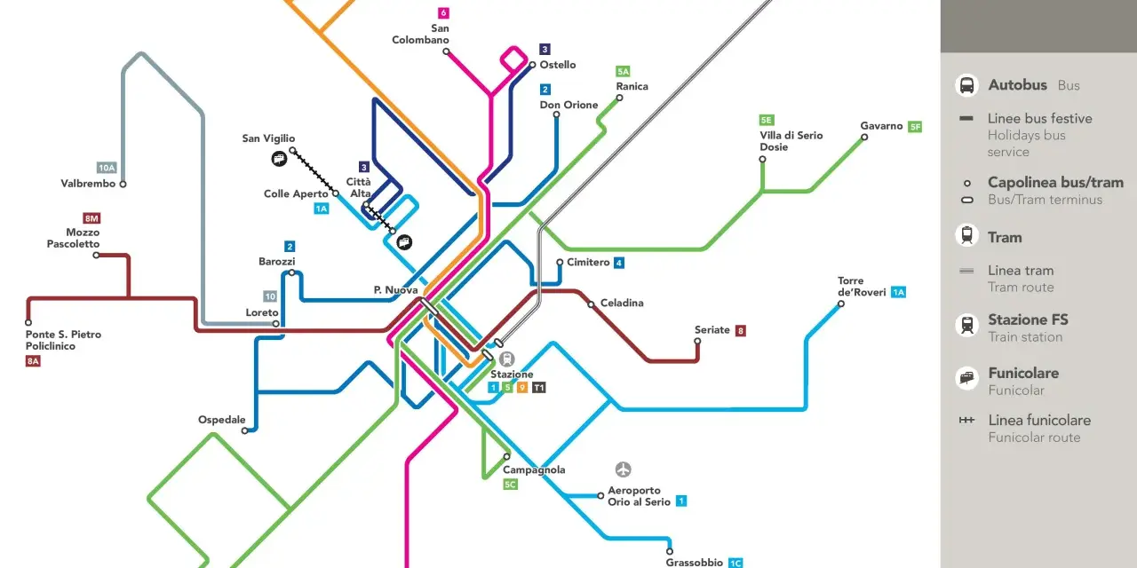 Mapa komunikacji miejskiej Bergamo: linie autobusowe, tramwajowe i kolejki.