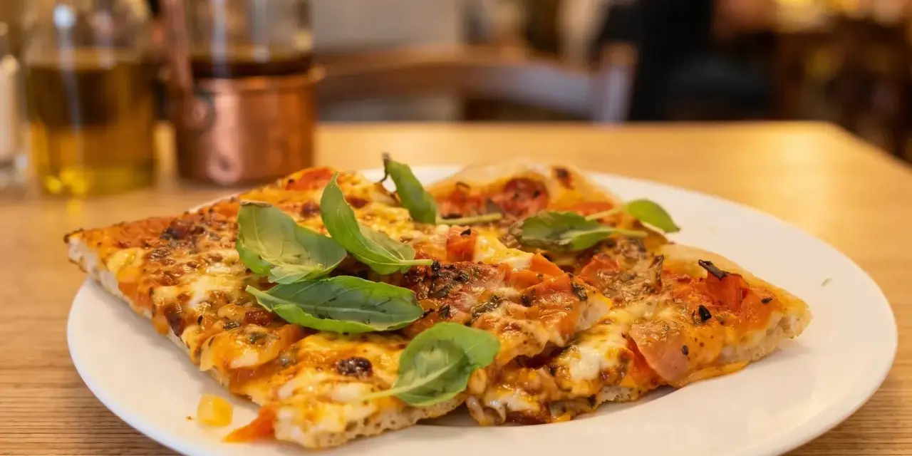 Pyszna pizza na talerzu, idealna odpowiedź na pytanie: gdzie zjeść w Rzymie. W tle butelki z oliwą i widok na restaurację.