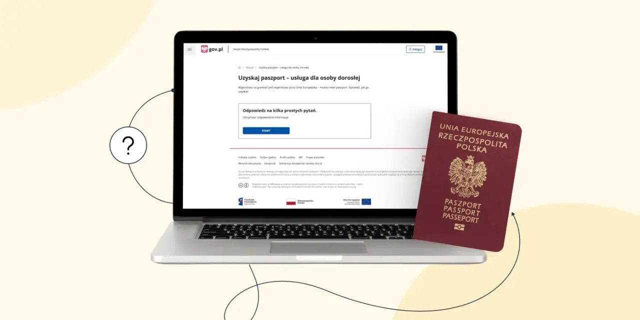 Czy mozna wyrobic paszport online? Na laptopie widzimy stronę gov.pl z informacją o uzyskaniu paszportu. Obok leży polski paszport.