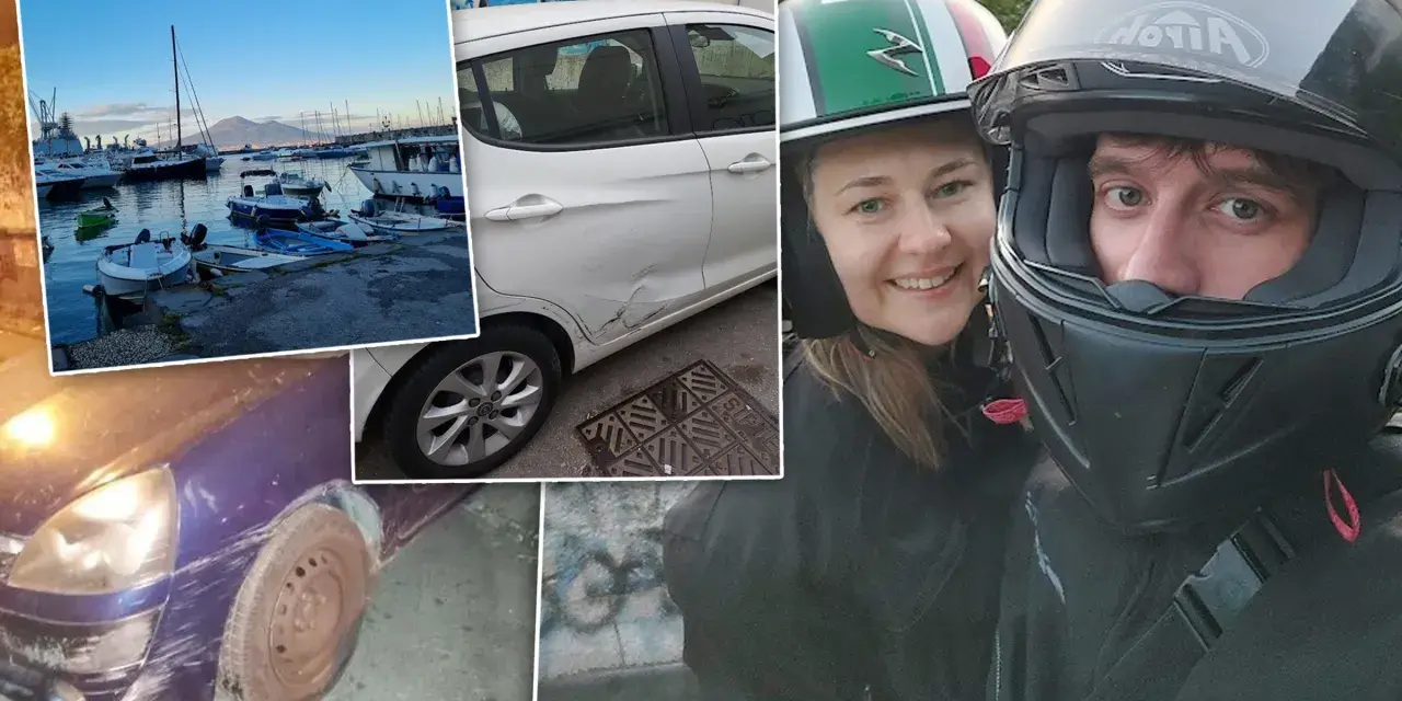 Uszkodzone samochody, para w kaskach i widok na port z łodziami.