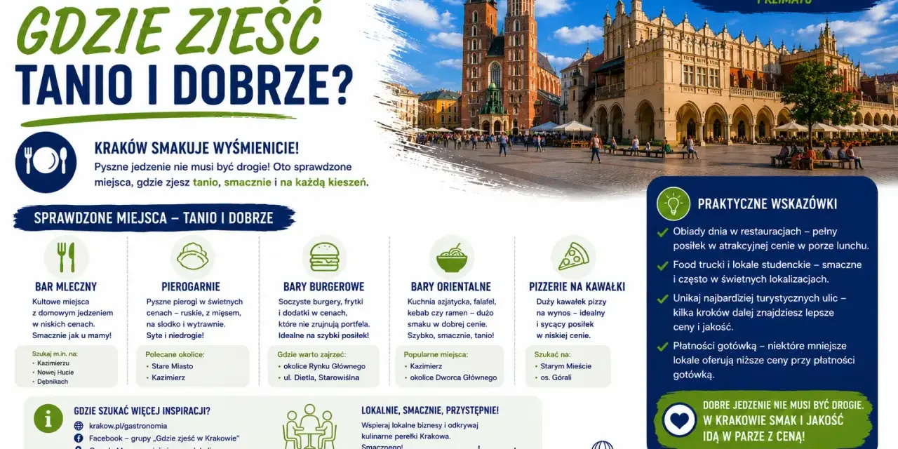 Kraków: gdzie zjeść tanio i dobrze? Sprawdzone miejsca: bary mleczne, pierogarnie, burgery, kuchnia orientalna, pizza na kawałki. Smacznie i na każdą kieszeń!