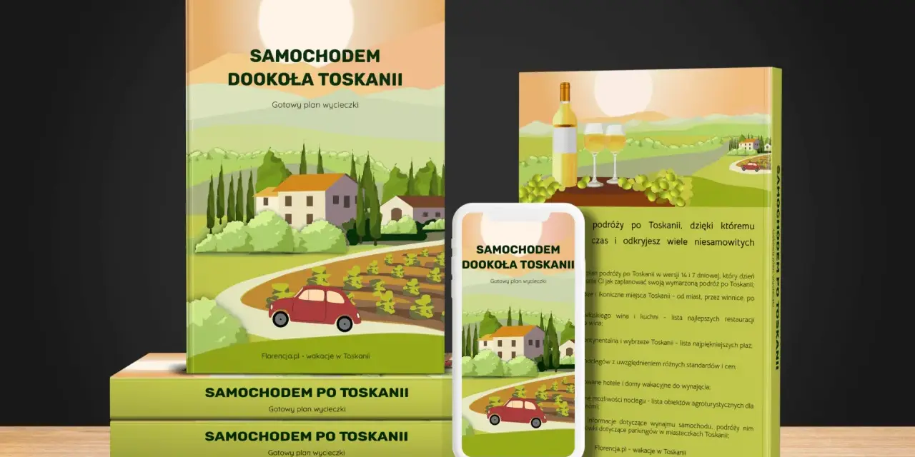 Ilustracja przedstawia stos książek i telefon z grafiką Toskanii, winnic i czerwonego samochodu.