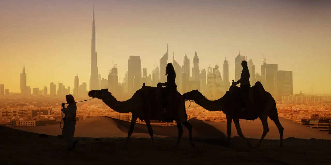 Karawana wielbłądów na tle Dubaju, miasta na kontynencie azjatyckim.
