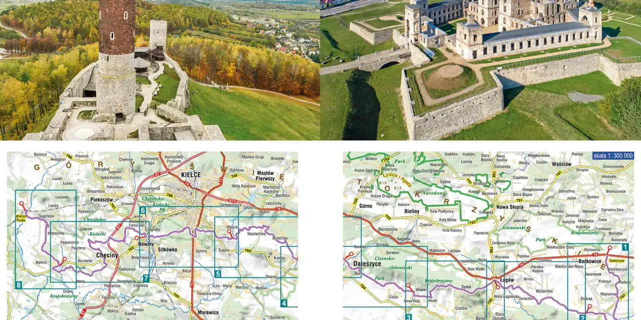 Dwa zamki na tle krajobrazu, z mapą szlaku poniżej.