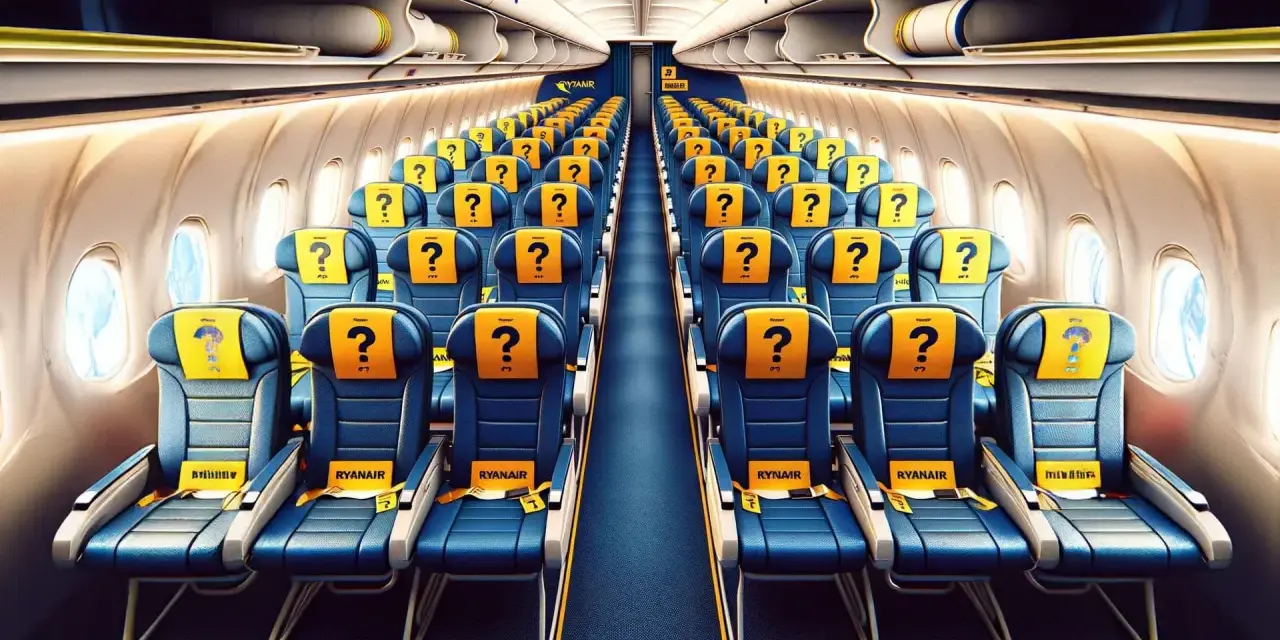 Puste siedzenia w samolocie Ryanair z pytajnikami. Gdzie najlepiej siedzieć w samolocie? Okna czy korytarz?