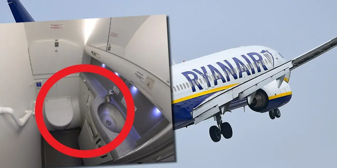Pierwszy lot samolotem Ryanair. Wnętrze toalety i samolot w locie.