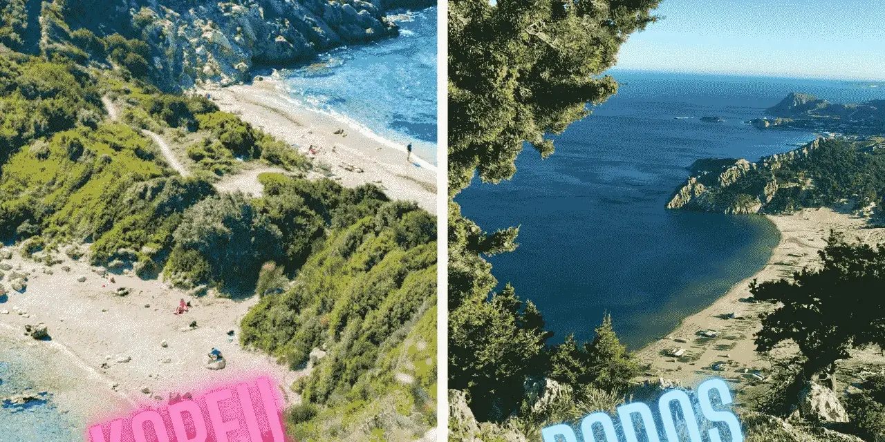 Dwie greckie wyspy: Korfu z piaszczystą plażą i Rodos z zatoką otoczoną wzgórzami.