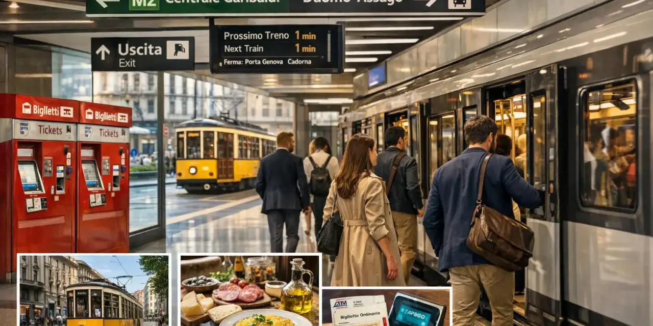 Wsiadanie do metra w Mediolanie, obok żółtego tramwaju. W rogu zdjęcie biletu i pysznego risotto.
