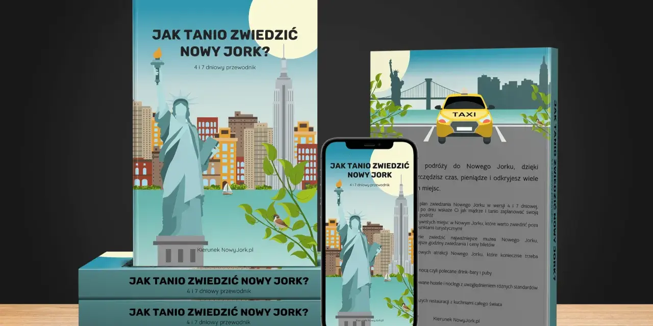Przewodnik "Jak tanio zwiedzić Nowy Jork?" z ikonami Statuy Wolności i Empire State Building. Odkryj najlepsze atrakcje Nowego Jorku!