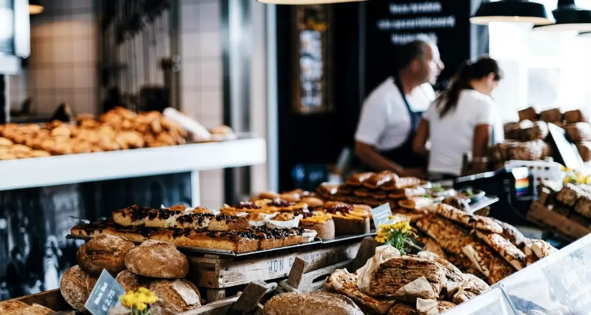 Stoisko z pieczywem i ciastami, przypominające najtańsze supermarkety we Włoszech. W tle widać sprzedawców.