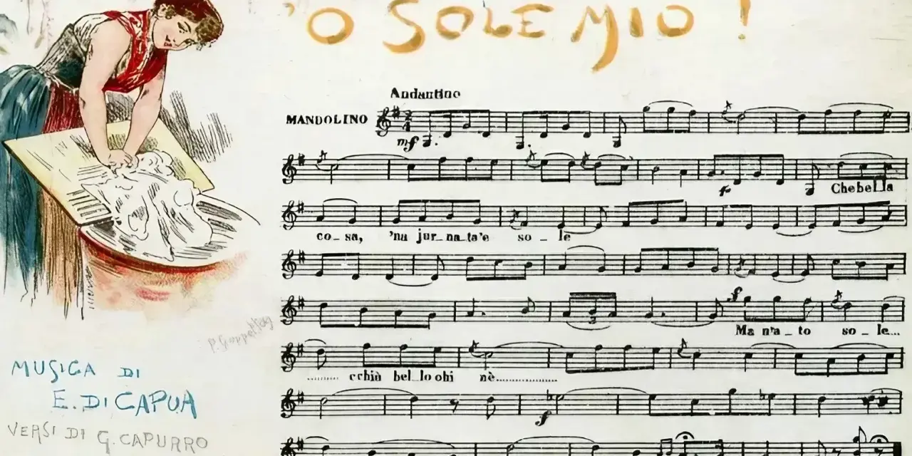 Ilustracja kobiety piorącej przy misce obok nut piosenki "O Sole Mio".