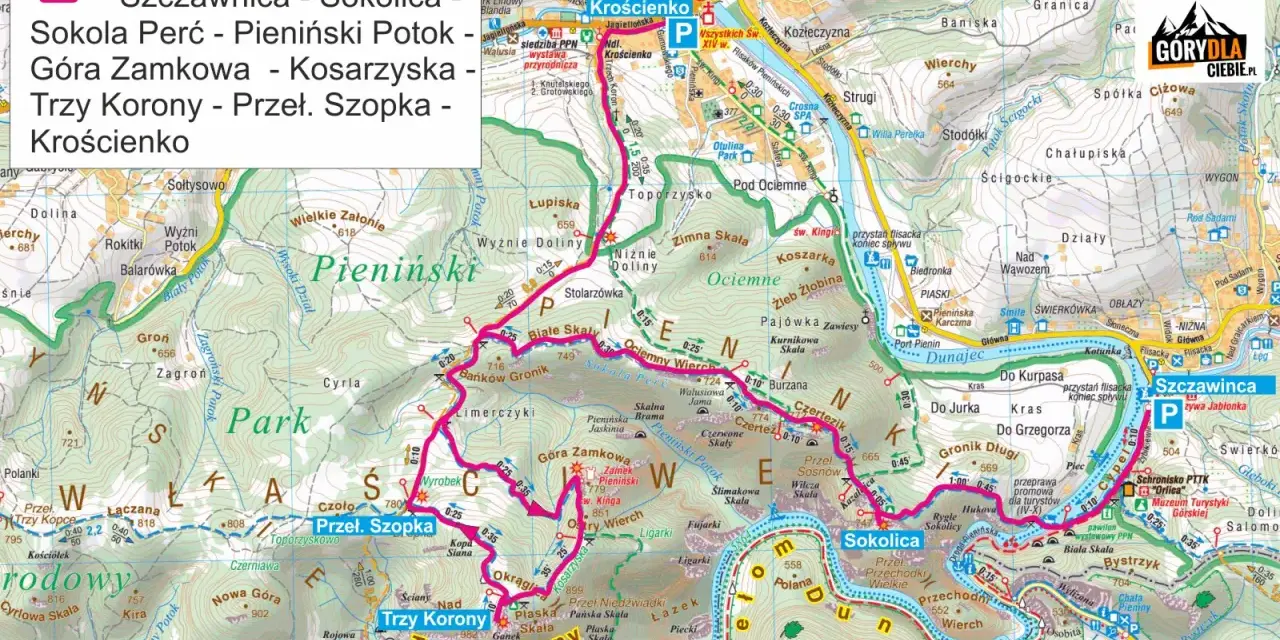 Fragment mapy turystycznej Pienin z zaznaczonymi szlakami i nazwami szczytów: Trzy Korony, Sokolica.
