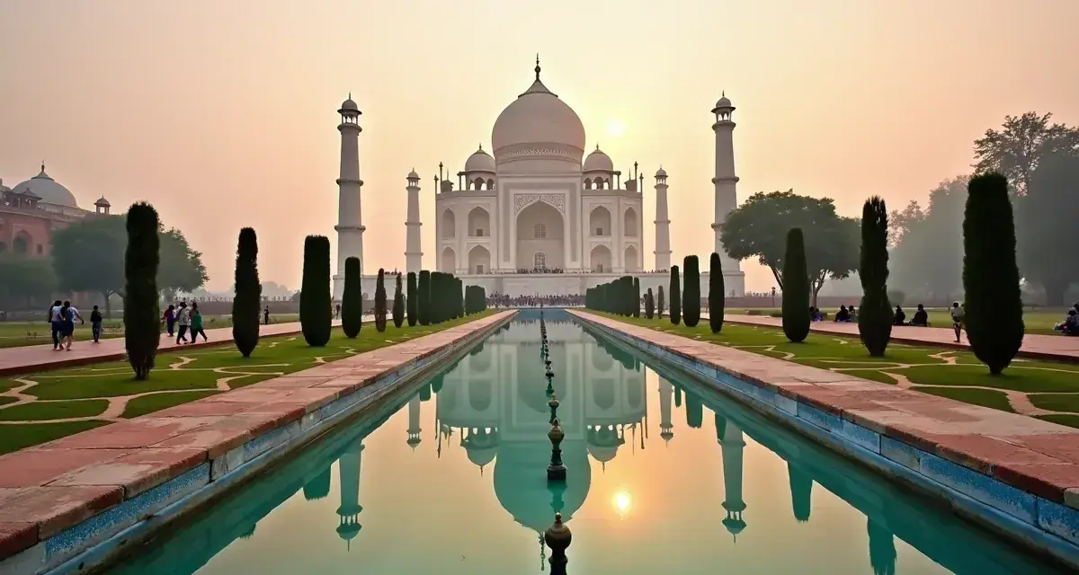 Taj Mahal, jedno z najsłynniejszych budowli świata, odbija się w spokojnej wodzie.