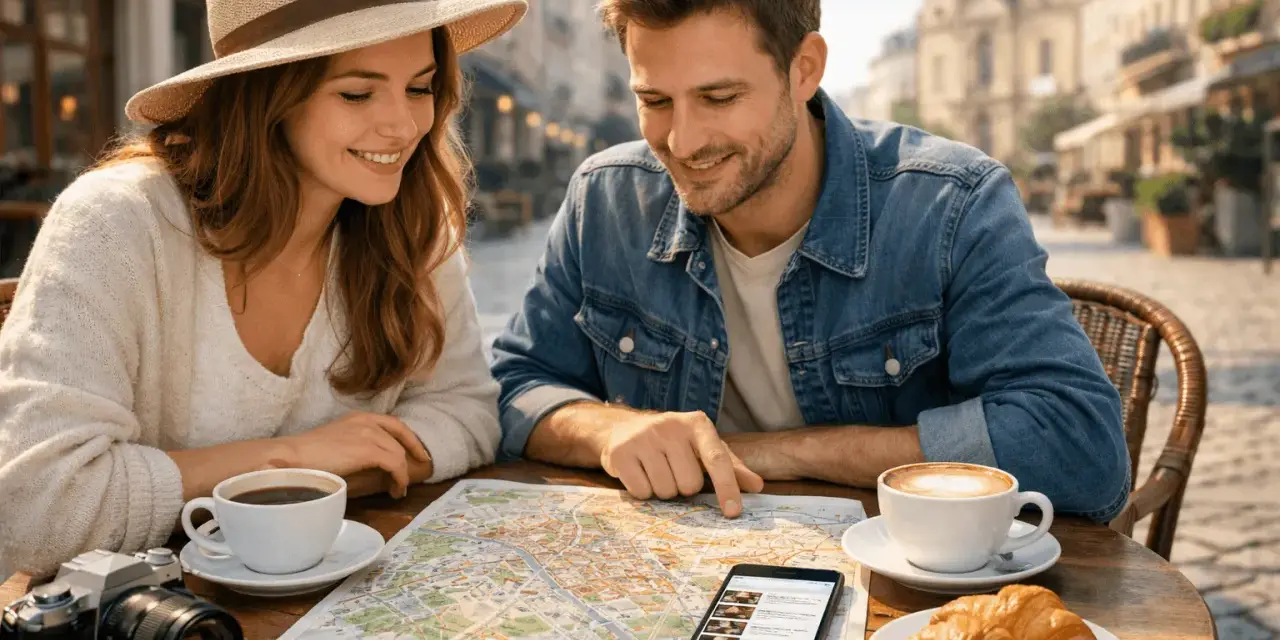 Para planuje weekendowy city break, studiując mapę i telefon przy kawie i croissantach.