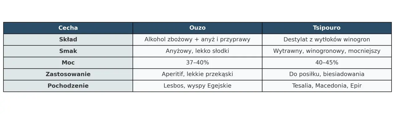 Tabela porównuje Ouzo i Tsipouro: tsipouro to mocniejszy destylat z wytłoków winogron, idealny do posiłków.