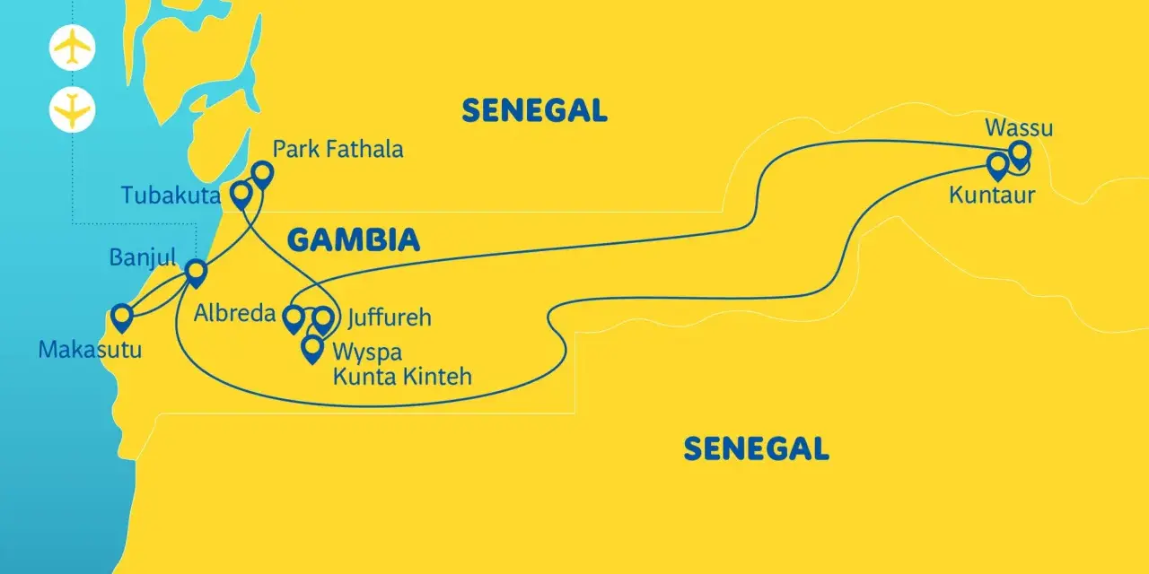 Mapa Gambii i Senegalu z zaznaczonymi atrakcjami turystycznymi i trasami podróży.