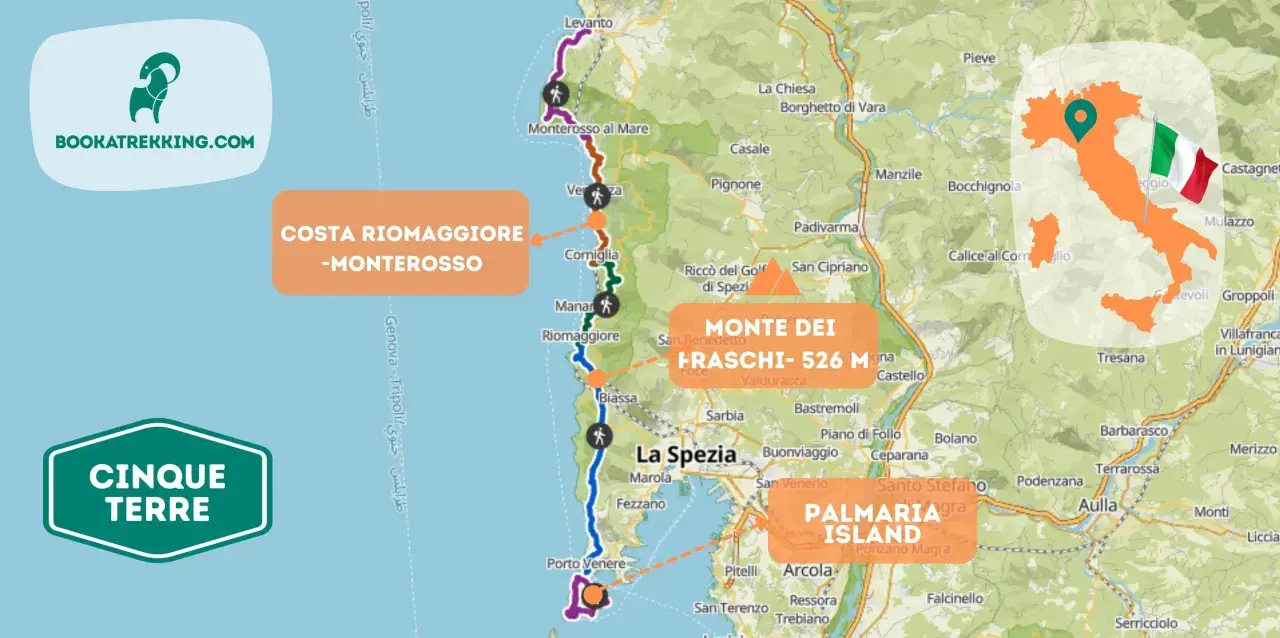Mapa szlaków pieszych w **parku narodowym Cinque Terre**, z zaznaczonymi miejscowościami i trasami.