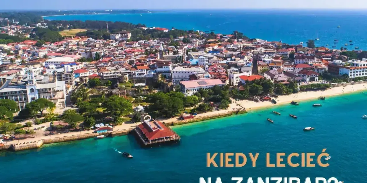 Widok z lotu ptaka na miasto Zanzibar z białymi budynkami, plażą i turkusowym morzem.
