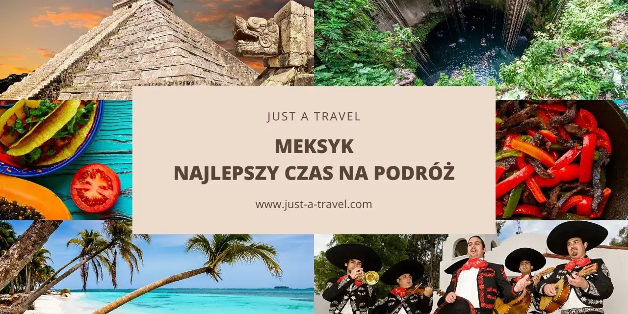 Kolaz z piramidą Majów, cenotem, jedzeniem, plażą i mariachi.