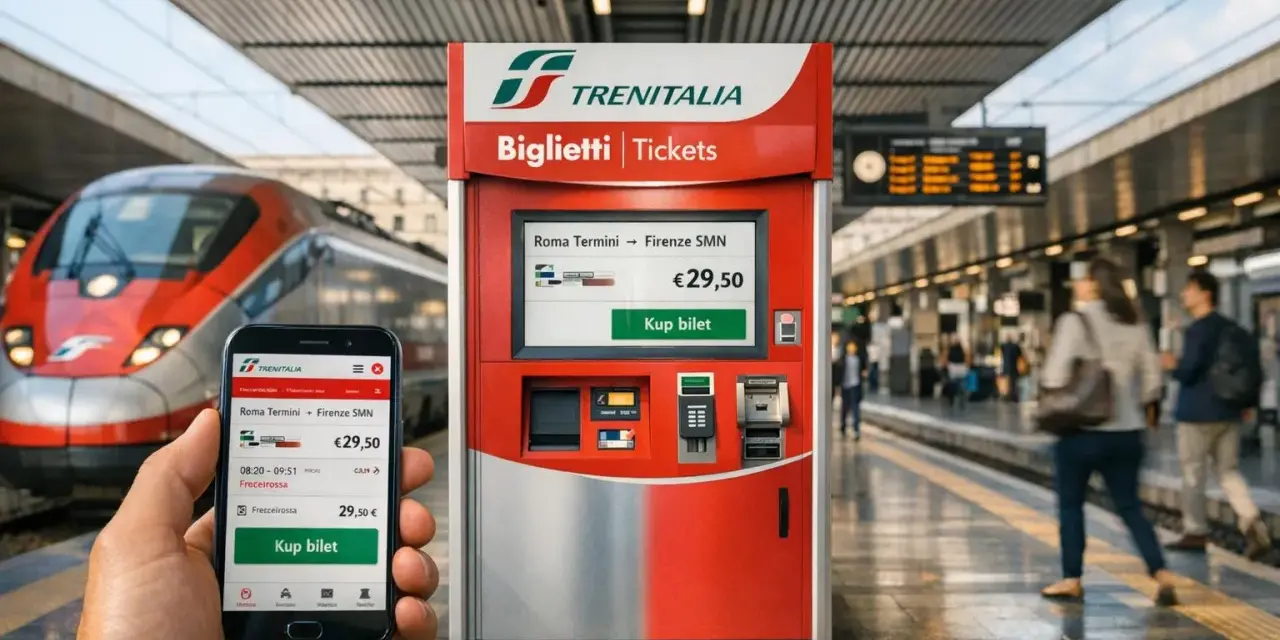 Ręka trzyma smartfon z aplikacją Trenitalia, obok biletomat na peronie. Szybkie pociągi we Włoszech czekają na pasażerów.